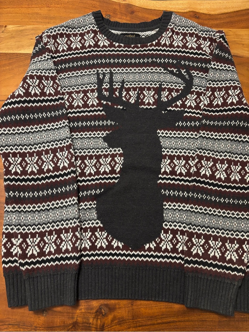 Men's Burgundy, Gray & Black Reindeer Crewneck Sweater Christmas